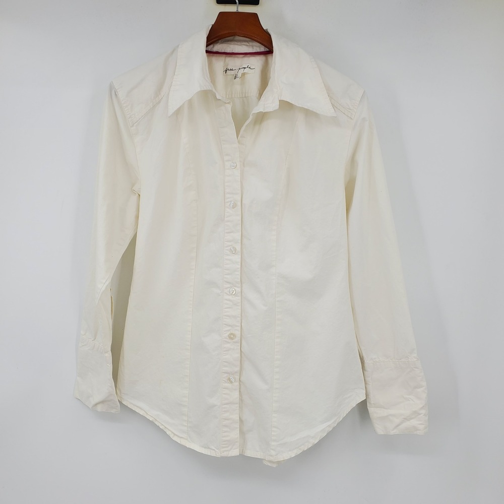 Free People White Button Down Shirt Long Sleeve Pointed Collar Small Academia